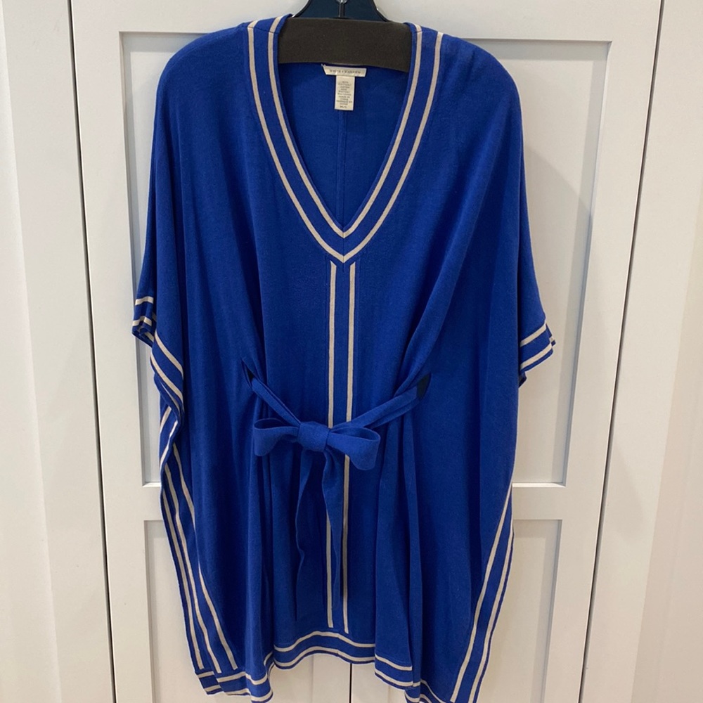 White Warren SS Tunic Sweater Cobalt Blue stripe Deep V Neck Tie Contrast trim